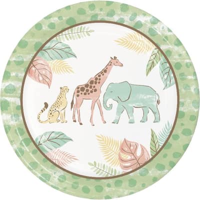 Safari Baby Animal Dinner Plates with Cheetah, Giraffe, and Elephant, 24 ct