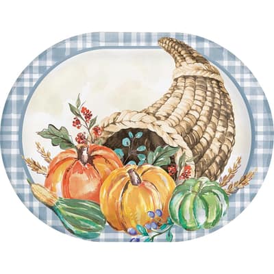 Decadent Cornucopia Oval Thanksgiving Dinner Paper Plates, 24 Count, Decorative 12" x 9.25" Heavy Duty Dinner Plates for Thanksgving Dinner