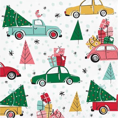 Christmas Cars Vintage Napkins 48 Count, 6.5" x 6.5", Decorative Napkins for Christmas Dinner Tables and Winter Holiday Parties