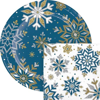 Whimsical Winter Christmas Dinner Paper Plates and Napkins Set, Serves 16, Snowflake 9" Plates & 6.5" Napkins, Christmas Party Decorations, Heavy Duty Disposable Plates Napkins for Christmas